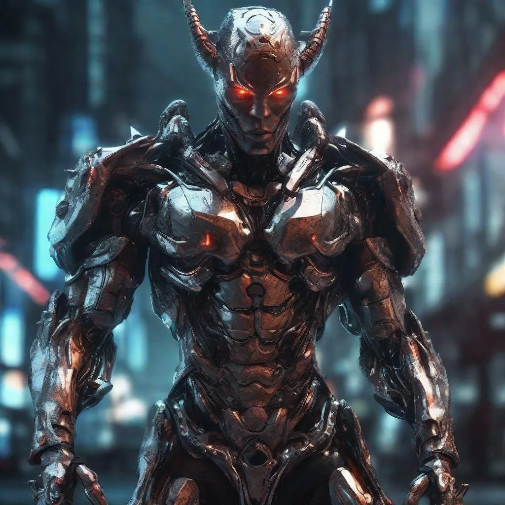 Prompt: Cyborg warrior with devil-shaped armor, metallic sheen, futuristic urban setting, intense and focused gaze, high-tech details, detailed metallic textures, cybernetic enhancements, cool tones, atmospheric lighting, best quality, ultra-detailed, sci-fi, cyberpunk, devilshaped armor, futuristic, intense gaze, high-tech details