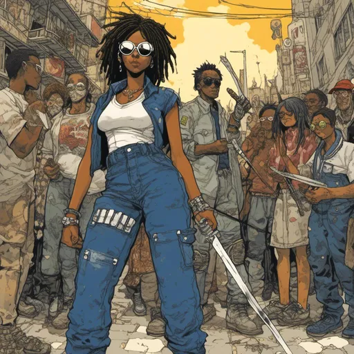 Prompt: young African American woman, wearing a navy blue jumpsuit, oval-shaped white sunglasses, sword, crowded urban background, in <mymodel> style