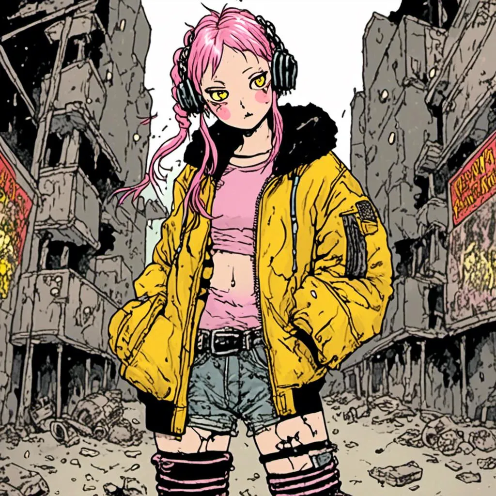 Prompt: full body view, woman with pink hair in two pigtails, wearing yellow bomber jacket, combat boots, urban setting, in <mymodel> style