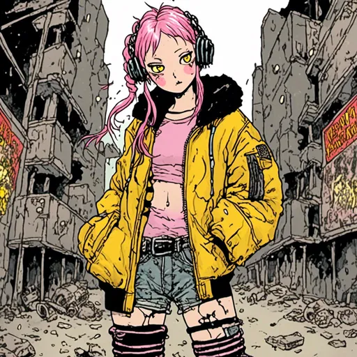 Prompt: full body view, woman with pink hair in two pigtails, wearing yellow bomber jacket, combat boots, urban setting, in <mymodel> style