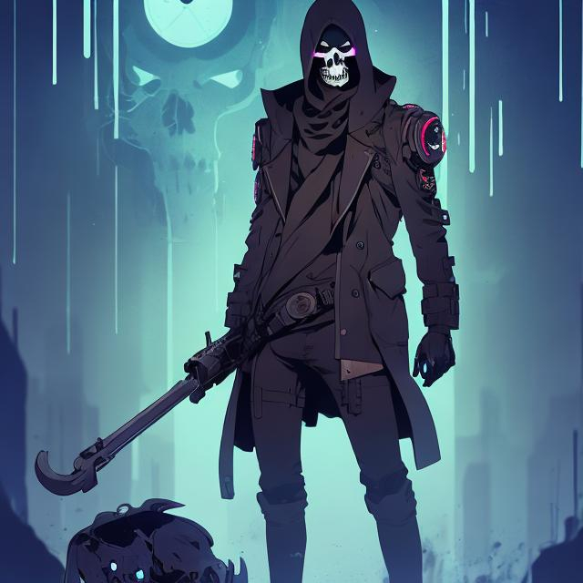 Prompt: male grim reaper, full body view, comic style ((tokyo ghost, sean murphy)), skull face, cute, highly stylized artstyle, atmospheric background, wide view, digital illustration, ultra hd, extreme long shot, telephoto lens, cute art style, motion blur, wide angle lens, deep depth of field, deep blue color scheme, pastel color scheme