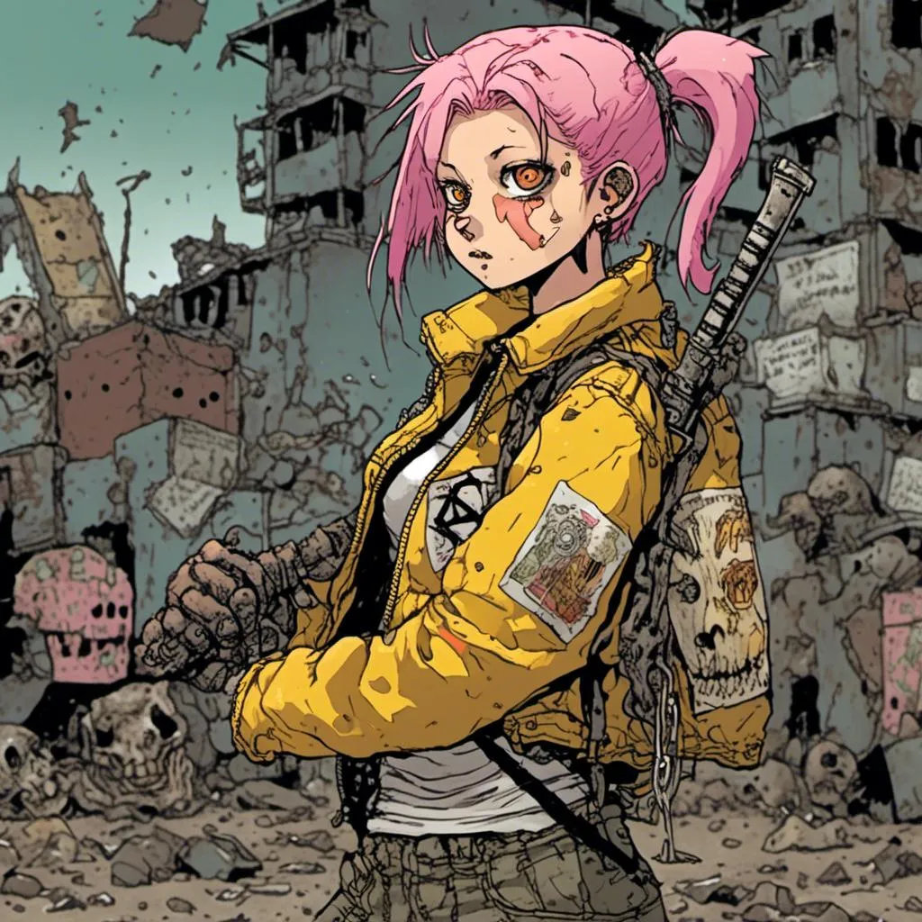 Prompt: woman with pink hair in two pigtails, scar on face, wearing clear yellow jacket and combat boots, carrying a sword, scrapyard background, in <mymodel> style