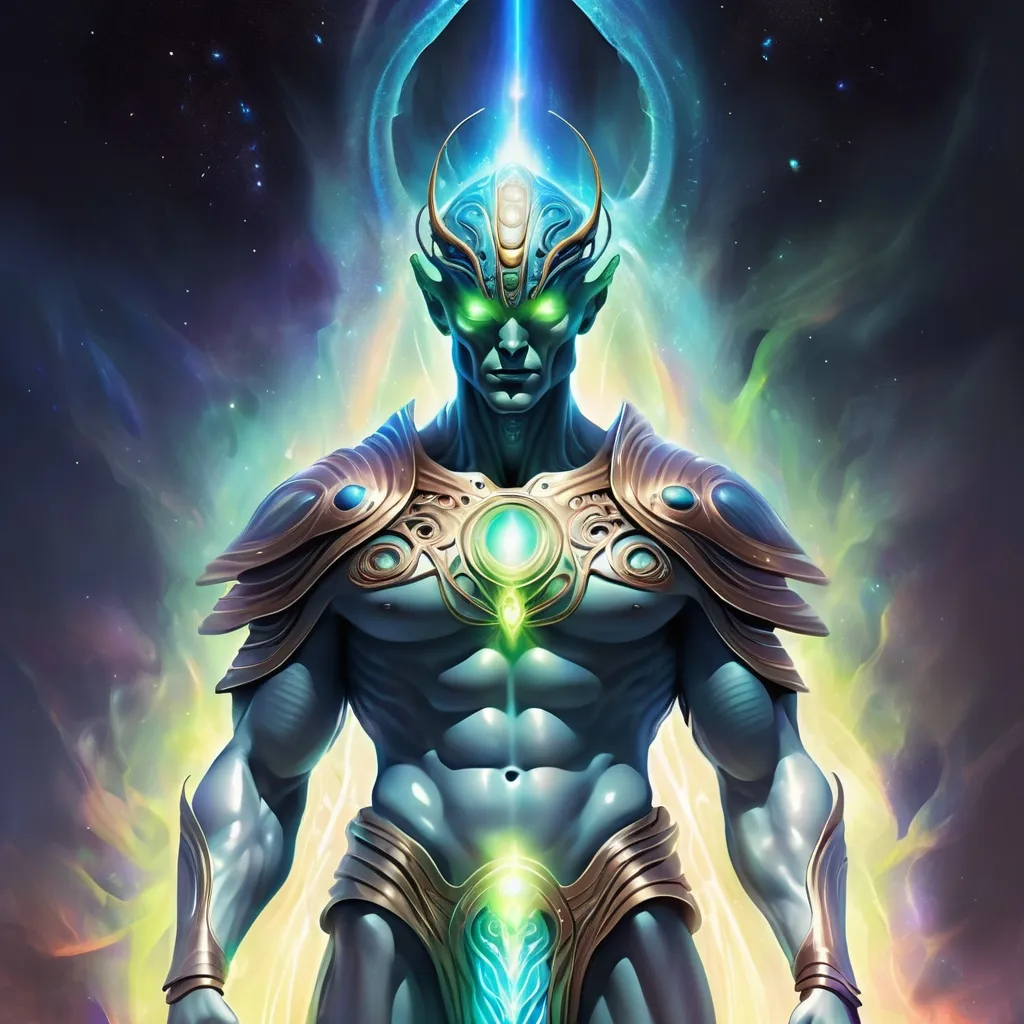 Prompt: Alien Greek god, digital illustration, towering presence, glowing energy aura, intricate alien-style armor, majestic and otherworldly, high quality, digital art