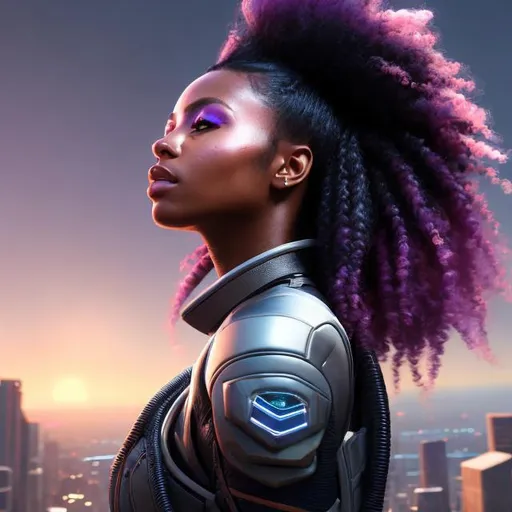 Prompt: full view, full body view, view from above, a portrait of side view of a futuristic woman hero character looking over a stadium, dark skin, multicolor hair, realistic pose, cute composition, pastel color scheme, stunning, vibrant, 8k resolution,  WLOP, dynamic lighting, hyperdetailed, intricately detailed, Unreal Engine 5, volumetric lighting