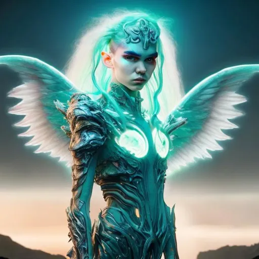 Prompt: full body view of grimes as a futuristic elden ring character, ethereal, multicolor hair, angel wings