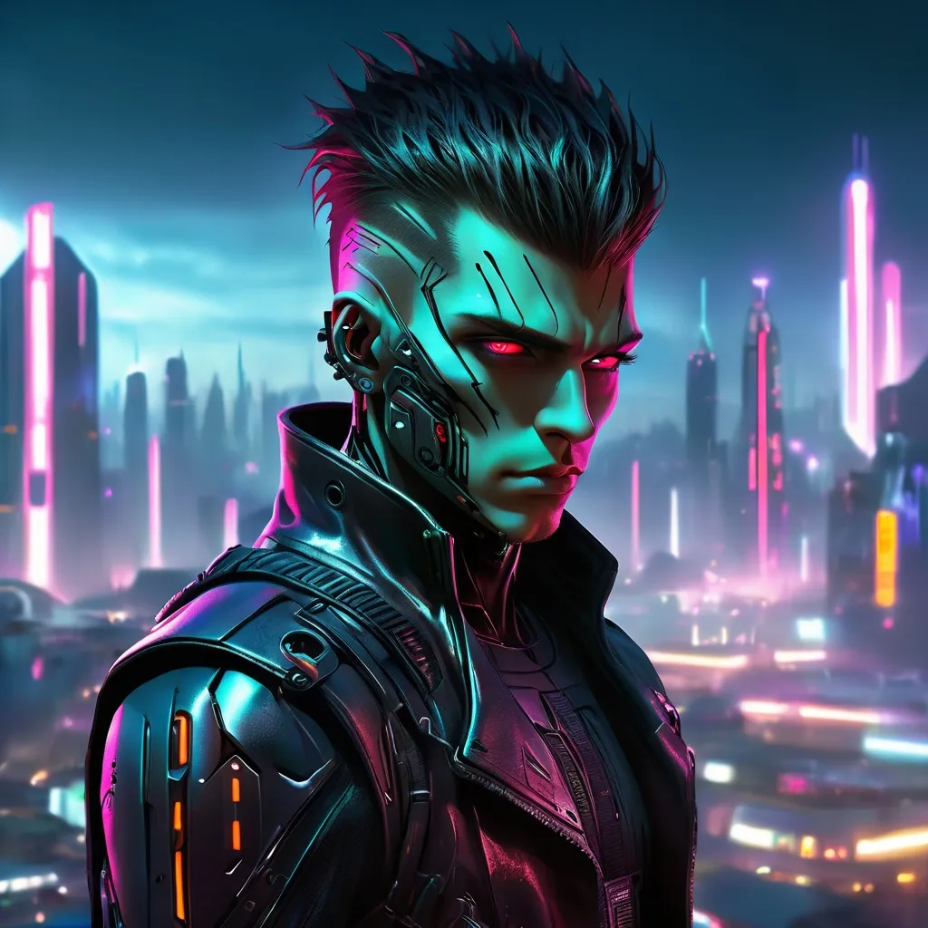 Prompt: Young man cyberpunk Sith apprentice, dynamic lighting, painted face, alien city background, high definition, futuristic, intense gaze, futuristic fashion, industrial cyberpunk style, glowing neon lights, dramatic shadows, menacing presence, textured leather, sleek metallic details, sci-fi, urban landscape, 4k ultra-detailed, cyberpunk, futuristic, dynamic pose, intense lighting, alien cityscape