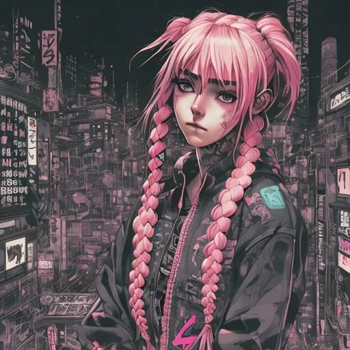 Prompt: tattooed Young woman with pink hair, bangs, braids, wearing a jumpsuit, urban setting, manga art style, dynamic cityscape, high quality, anime, urban, pink hair, braids, manga art style, jumpsuit, detailed eyes, urban setting, Tokyo Ghost style