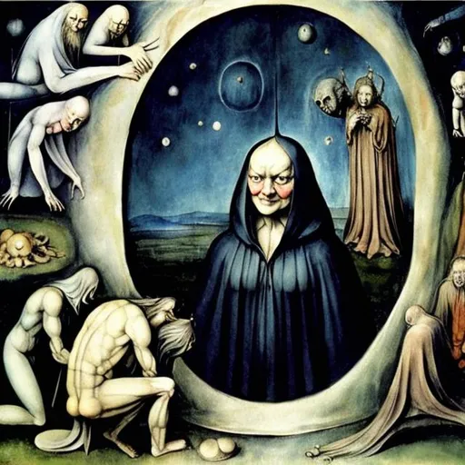 Prompt: a painting of Hieronymus Bosch staring into the abyss of William blake