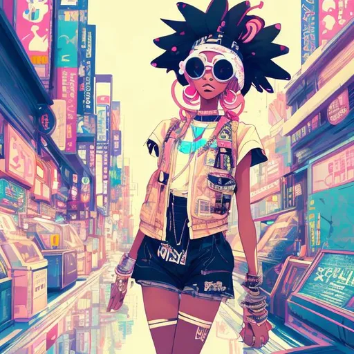 Prompt: full view, full body view, standing, painting, african american, cute girl, anime style, headwrap, Harajuku, sunglasses, highly stylized, highly stylized art style, cute art style, detailed illustration, urban setting, digital art, pastel color scheme, high contrast, professional artwork, abstract tokyo background