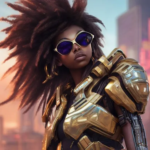 Prompt: futuristic stadium fashion hero woman, brown skin, multicolor hair, gunbelt, shades, gold armor, stunning, vibrant, 8k resolution, hyperdetailed, intricately detailed, dynamic lighting, Unreal Engine 5, volumetric lighting, WLOP, fashionable, futuristic, detailed eyes, sleek design, professional, vibrant colors, urban setting