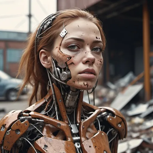 Prompt: Please create a picture of broken cyborg female thrown in the garbage, destroyed, rust, mechanical, wires, photography, detailed skin, realistic, photo-realistic, 8k, highly detailed, full length frame, High detail RAW color art, diffused soft lighting, shallow depth of field, sharp focus, hyperrealism, cinematic lighting