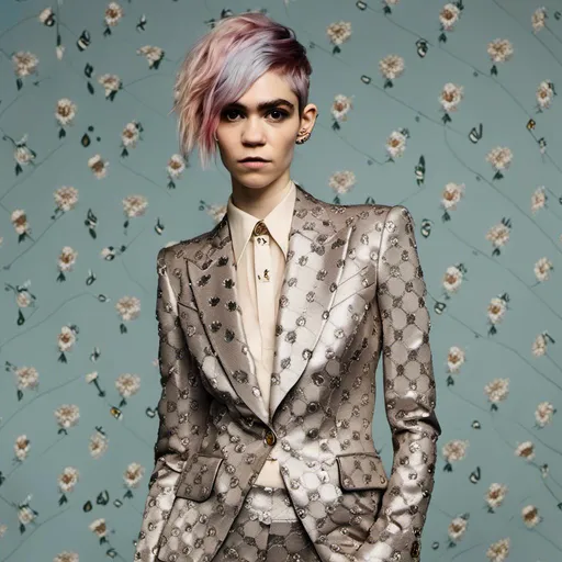 Prompt: full view, full body view, <mymodel>Professional portrait of unisex hair style, Gucci suit, confident expression, non-binary, luxury fashion, high-end material, detailed design, science fiction influence, high quality, realistic, luxury, professional, elegant, formal attire, unisex haircut, tailored suit, designer fashion, confident gaze, high-end fabric, neutral tones, crisp lighting