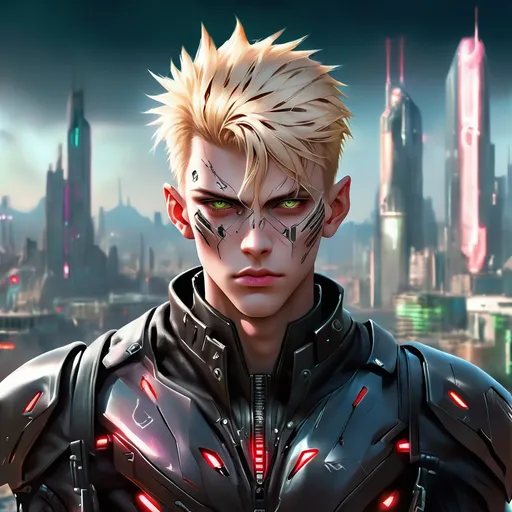 Prompt: full view, full body view, Young man cyberpunk Sith apprentice, dynamic lighting, painted face, alien city background, high definition, blonde hair, futuristic, intense gaze, futuristic fashion, industrial cyberpunk style, dramatic shadows, menacing presence, textured leather, sleek metallic details, sci-fi, urban landscape, 4k ultra-detailed, cyberpunk, futuristic, dynamic pose