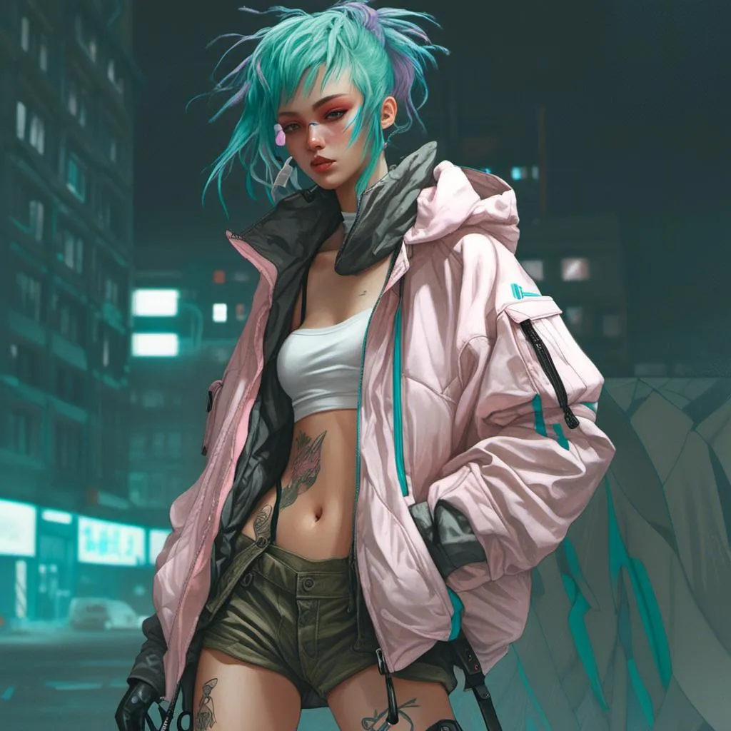 Prompt: <mymodel>High-res cyberpunk digital art of an anime woman, teal hair, alabaster skin, oversized jacket, pink tattoos, crazy look in eyes, action pose, futuristic urban setting, detailed eyes, anime, cyberpunk, dynamic lighting, high quality