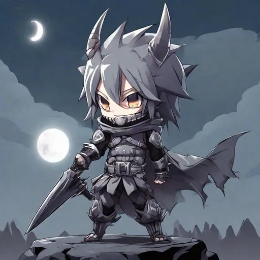 Prompt: chibi manga villian, monstrous, spikes, grey skin, action pose, moon setting