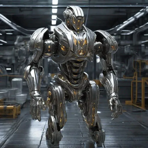 Prompt: liquid metal mech suit, futuristic factory setting