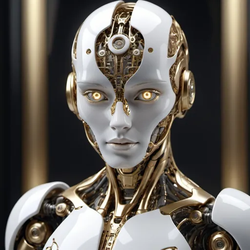 Prompt: complex 3D render of a beautiful porcelain robot, gold accents, fractal veins. glowing eyes, athereal cyborg, 1 5 0 mm, beautiful natural soft light, gold accents, anatomical, glass, facial muscles, elegant, ultra detailed, metallic armor, octane render, depth of field, industrial setting
