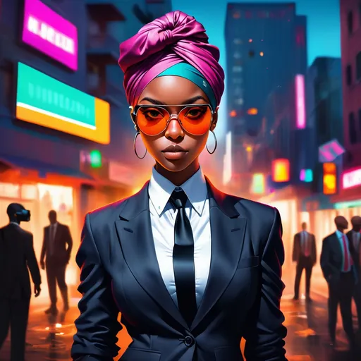 Prompt: cute girl, dark skin, bald, headwrap, VR sunglasses, suit, detailed illustration, intense colors, urban setting, digital art, high contrast, gritty urban, professional artwork