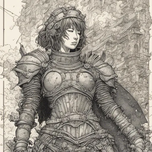 Prompt: clean fine-line art, woman in medieval armor, apocalyptic setting, in <mymodel> style