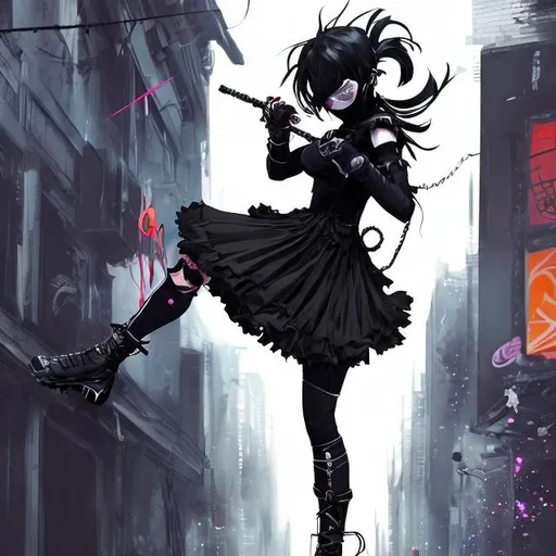 Prompt: full view, anime assassin woman in a frilly black nylon skirt, dynamic pose, hooded, wearing black face mask, black platform boots, urban street setting, high quality, detailed, urban fashion, mysterious atmosphere