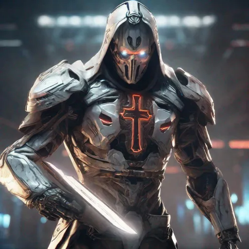 Prompt: realistic templar cyborg in a futuristic arena, glowing cross on chest, energy sword, highres, intricate detail