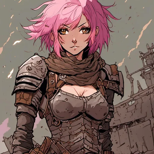 Prompt: Dynamic pose of a petite woman with pink hair, wearing brown scarf and armor, in desolate setting, high quality, detailed and atmospheric lighting, armor, desolate setting, dynamic pose, pink hair, petite frame, brown scarf, professional, detailed, <mymodel>, armor, atmospheric lighting