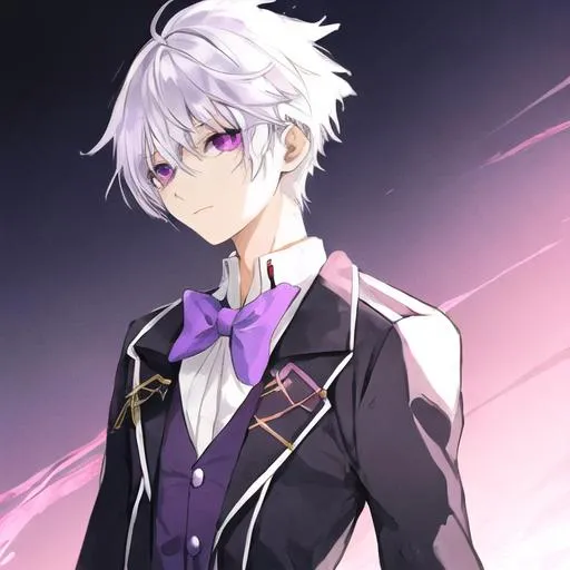 Prompt: White hair anime boy with purple hair clip in a white school uniform Covered in a red suit, black tie, purple eyes.