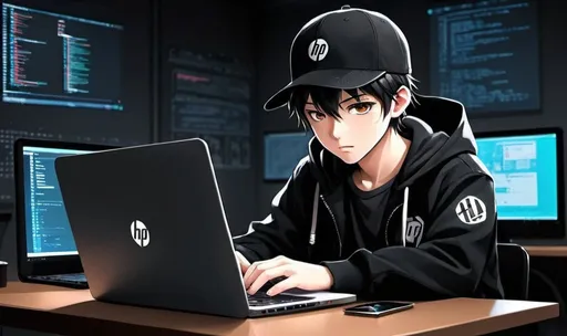 Prompt: anime look boy doing coding in dark room . and he were black jacket and black cap . he do coding in HP laptop . for PC wall paper size