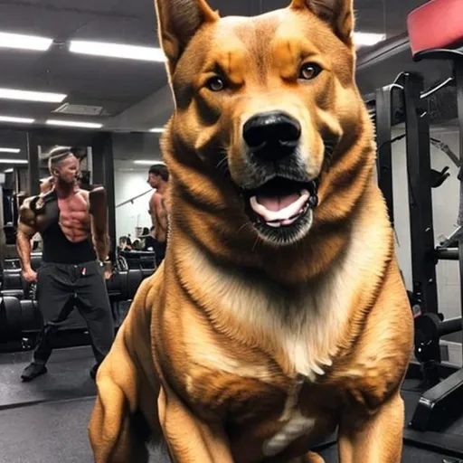 Prompt: a muscular dog who brags to others