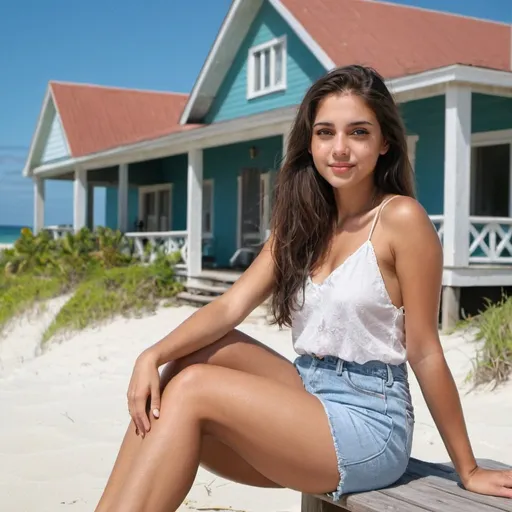 Prompt: A beautiful girl sitting on a beach front house