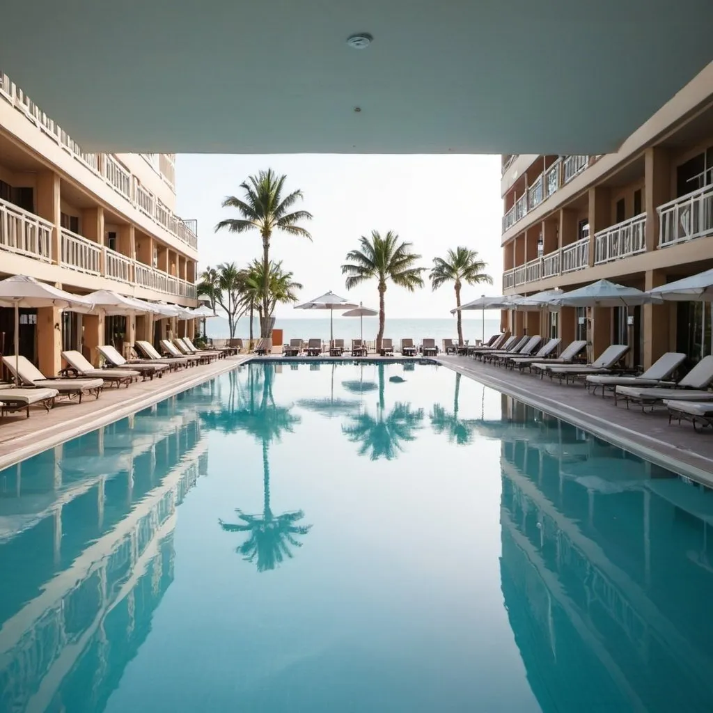 Prompt: Pool in the hotel resort without people