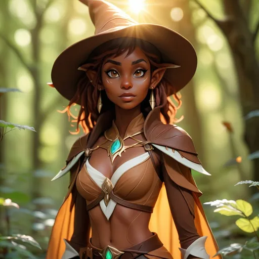 Prompt: Brown skin Elf female mage  in a mystical forest around sunlight