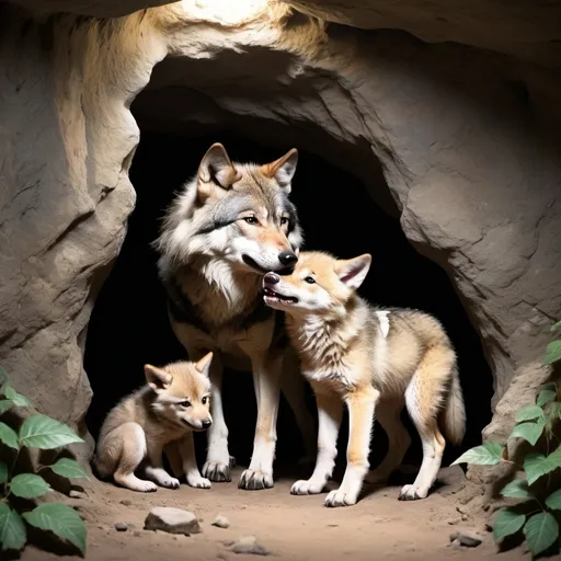 Prompt: A small cave, there is a wolf family in the cave, the mother wolf has a thorn stuck in its foot, the wolf cub is licking its mother's paw