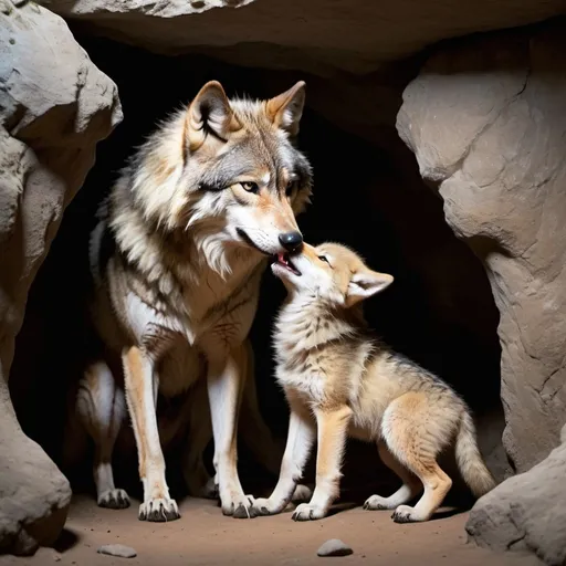 Prompt: A small cave, there is a wolf family in the cave, the mother wolf has a thorn stuck in its foot, the wolf cub is licking its mother's paw