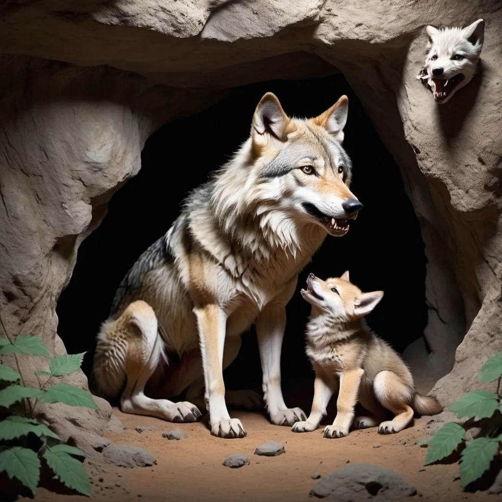 Prompt: A small cave, there is a wolf family in the cave, the mother wolf has a thorn stuck in its foot, the wolf cub is licking its mother's paw