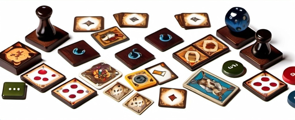 Prompt: a smorgasbord of boardgame elements like pieces, cards, tokens, dice, hourglass etc, viewed from 45 degrees with white background