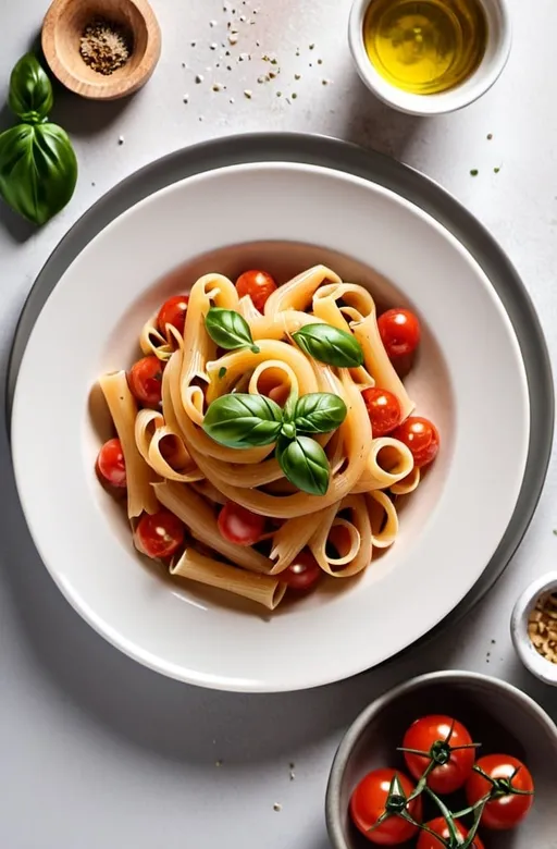 Prompt: italian pasta served on a plate, copyspace, top view, stockphoto, modern background, nordic style, high resolution 
