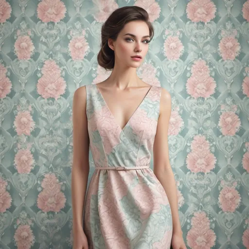 Prompt: Woman in dress matching wallpaper, seamless pattern, pastel colors, detailed textures, high quality, realistic, matching fashion and interior, elegant design, seamless integration, soft lighting, detailed fabric, interior design, fashion, pastel colors, seamless pattern, high quality, realistic, elegant, soft lighting