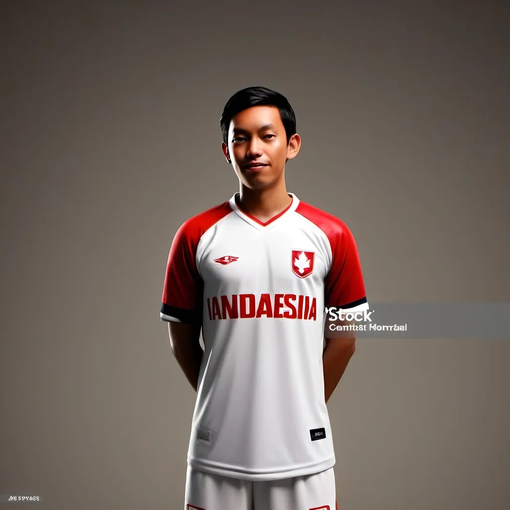 Prompt: 4D character of an Indonesian man, 25 years old, wearing an Indonesian National Team football jersey, standing upright, dark red background, full HD