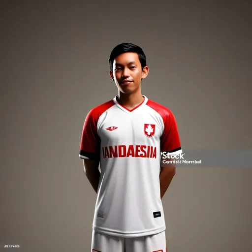 Prompt: 4D character of an Indonesian man, 25 years old, wearing an Indonesian National Team football jersey, standing upright, dark red background, full HD