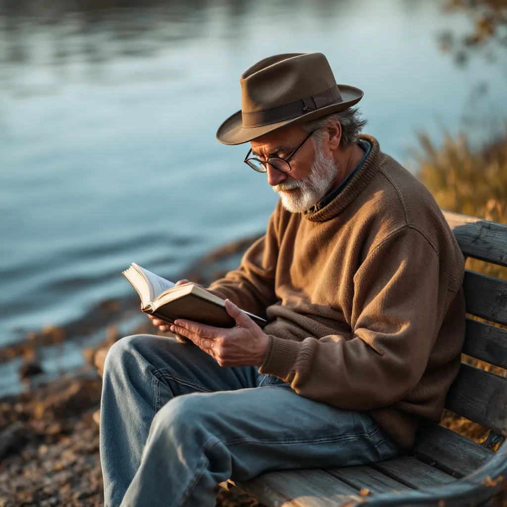 Prompt: A man sitting by the lake reading a book.
