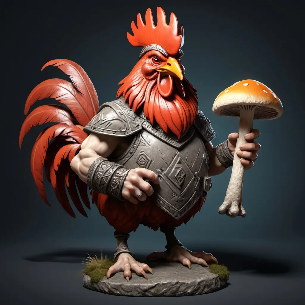 Prompt: Ancient Dwarven rooster holding mushroom