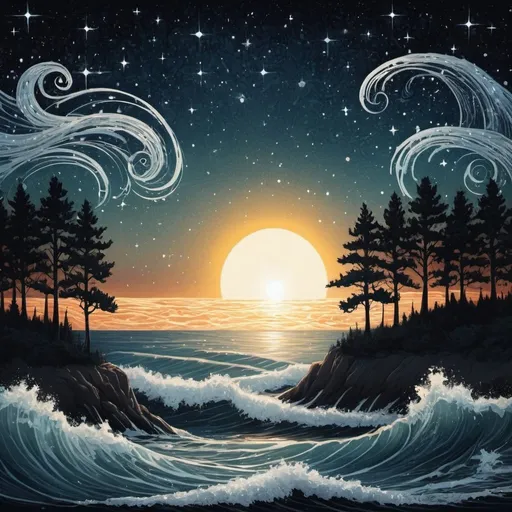 Prompt: Night sky encompassed by stars, trees, sun, and ocean waves.