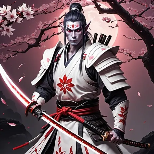 Prompt: Create a Night Elf Samurai with white outfit and Sakura leaves holding a blade with red shine down it