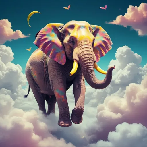 Prompt: Banana-eating elephant walking on clouds, dreamy fantasy, vibrant colors, whimsical art style, surreal atmosphere, magical, playful, high quality, fantasy, dreamlike, vibrant colors, whimsical, surreal, magical atmosphere, playful, detailed clouds, artistic rendition