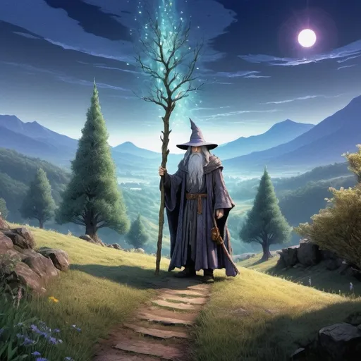 Prompt: Маг, похожий на Гендальфа, в стиле игр для PlayStation 2, таких как 'Shadow of the Colossus' или 'Final Fantasy X'. У него длинная седая борода, остроконечная шляпа и длинный плащ с текстурами, которые выглядят слегка pixelated, но не квадратными. Он стоит на фоне локации с низкополигональными, но атмосферными элементами: простые, но красивые деревья, травянистая равнина и далёкие горы на горизонте. Он держит посох, который светится мягким магическим светом, выполненным в стиле эффектов из старых игр. Освещение мягкое, с лёгкими бликами и тенями, создающими атмосферу. Фото снято с эффектом 'рыбий глаз', чтобы подчеркнуть масштаб и стиль. Общая атмосфера — ностальгическая, но без излишней угловатости.