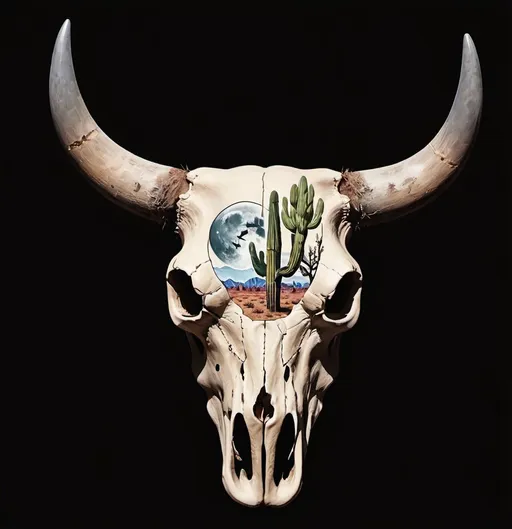 Prompt: a bull skull with a desert scene on it's face and a cactus in the background, with a full moon in the sky, Drew Tucker, regionalism, western, an album cover