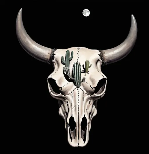 Prompt: a bull skull with a desert scene on it's face and a cactus in the background, with a full moon in the sky, Drew Tucker, regionalism, western, an album cover