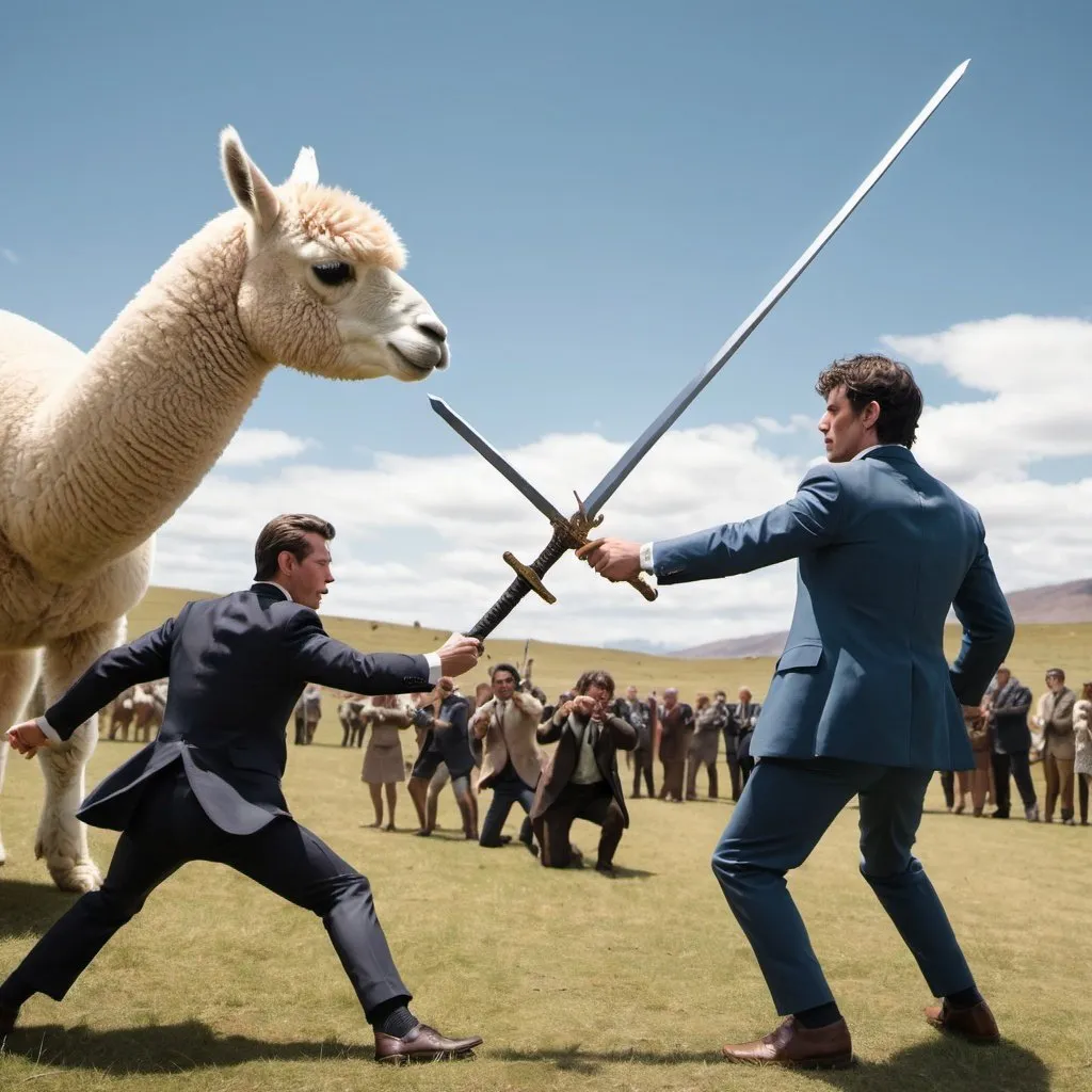 Prompt: Two men in fine tailored suits having a two-handed sword duel in the foreground while people with rocket launchers are fighting hordes of alpacas in the background. 