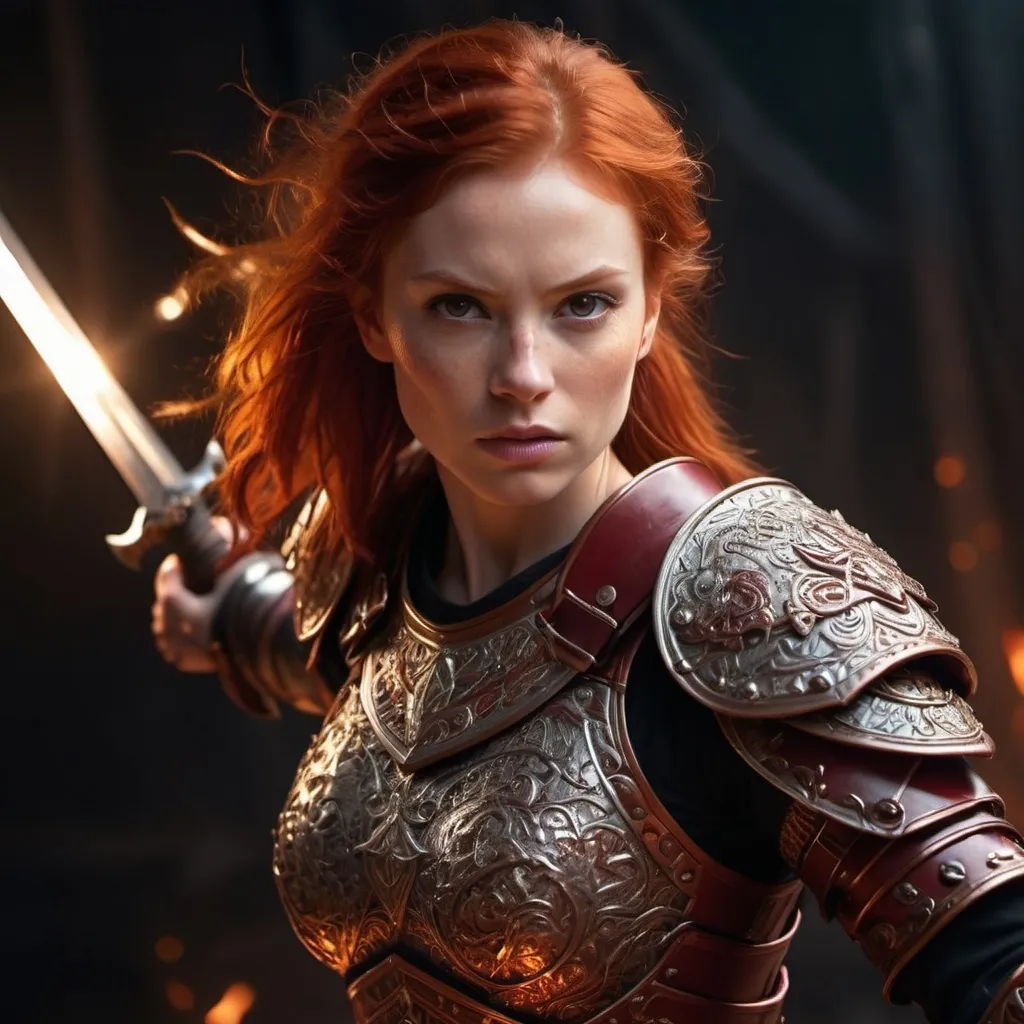 Prompt: Red head brown eyes woman warrior
